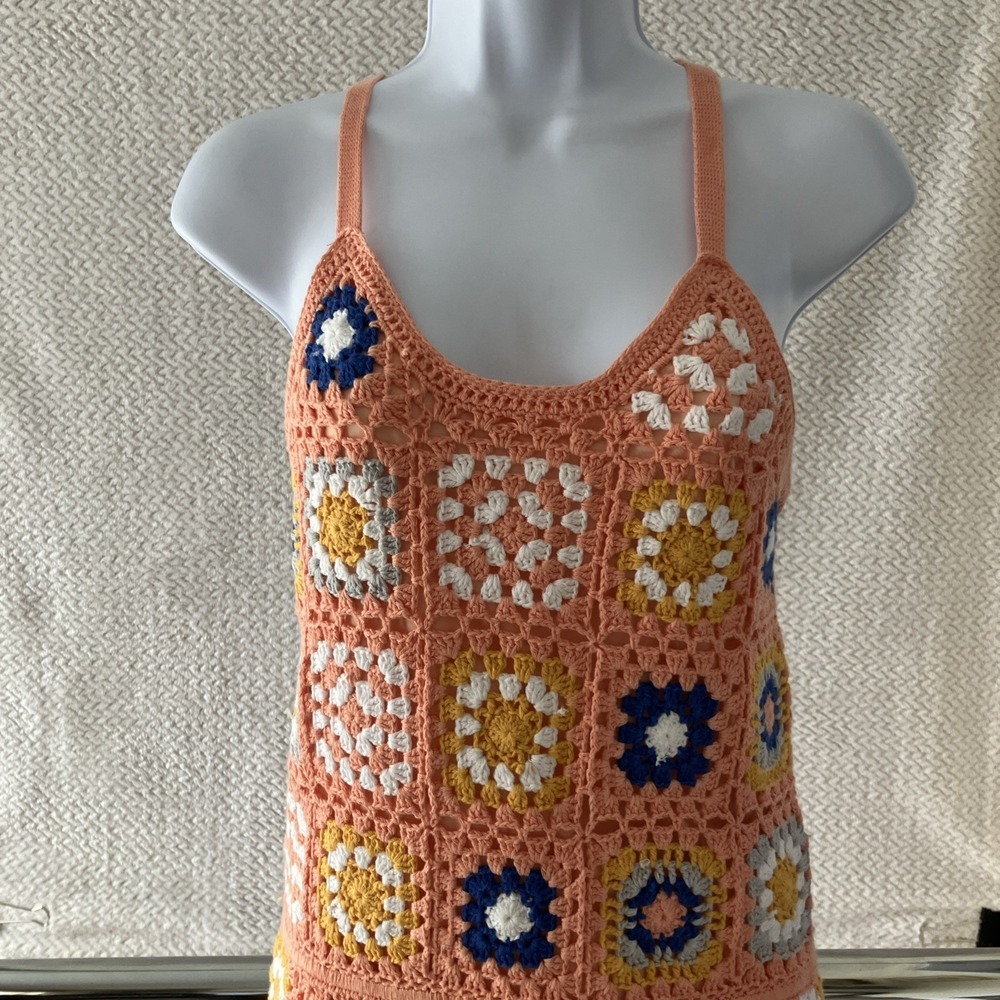 Pink Lily Crochet Halter Dress Colorful Granny Square Medium Boho Festival Gran - Picture 3 of 9